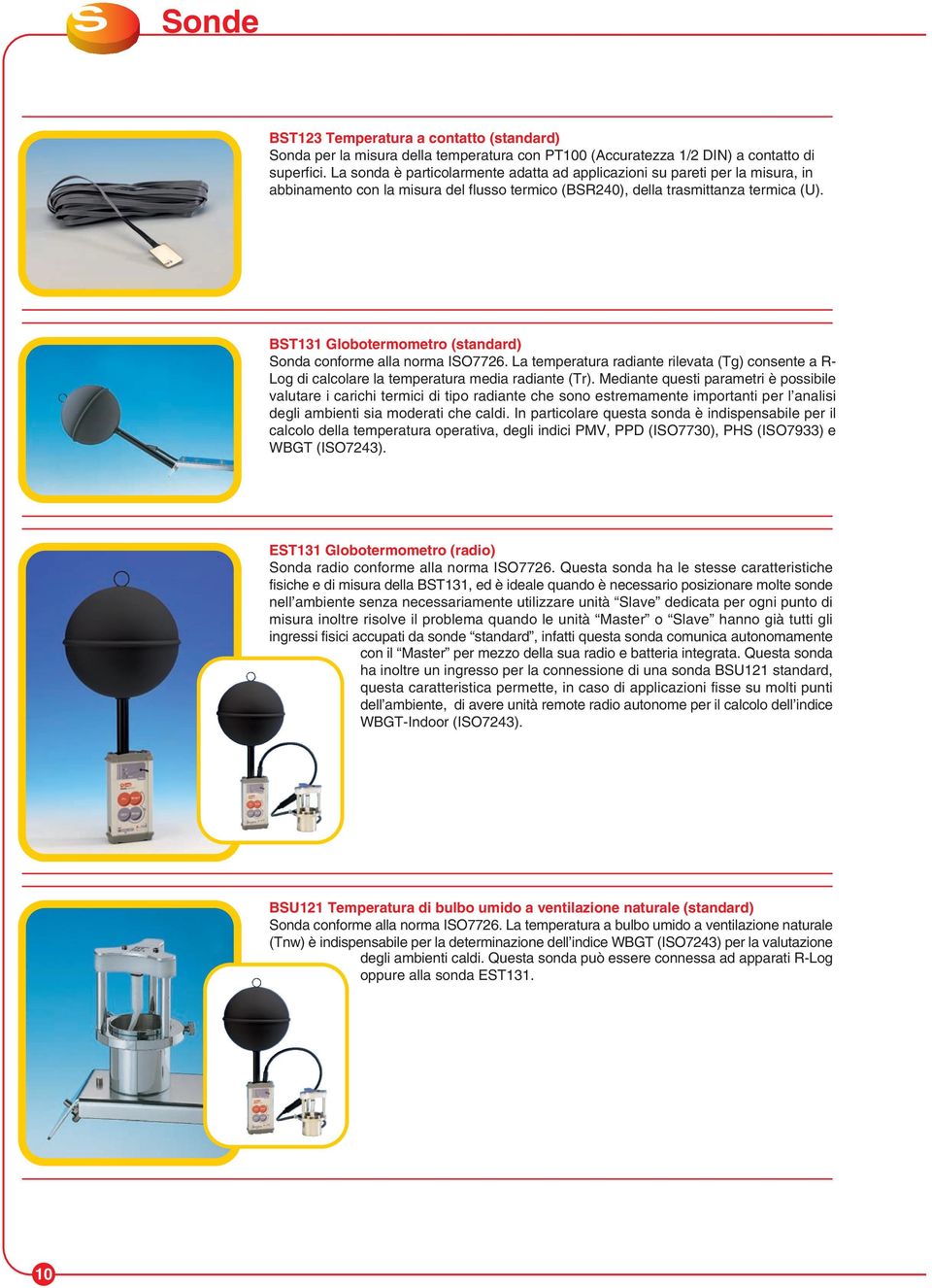 BST131 Globotermometro (standard) Sonda conforme alla norma ISO7726. La temperatura radiante rilevata (Tg) consente a R- Log di calcolare la temperatura media radiante (Tr).