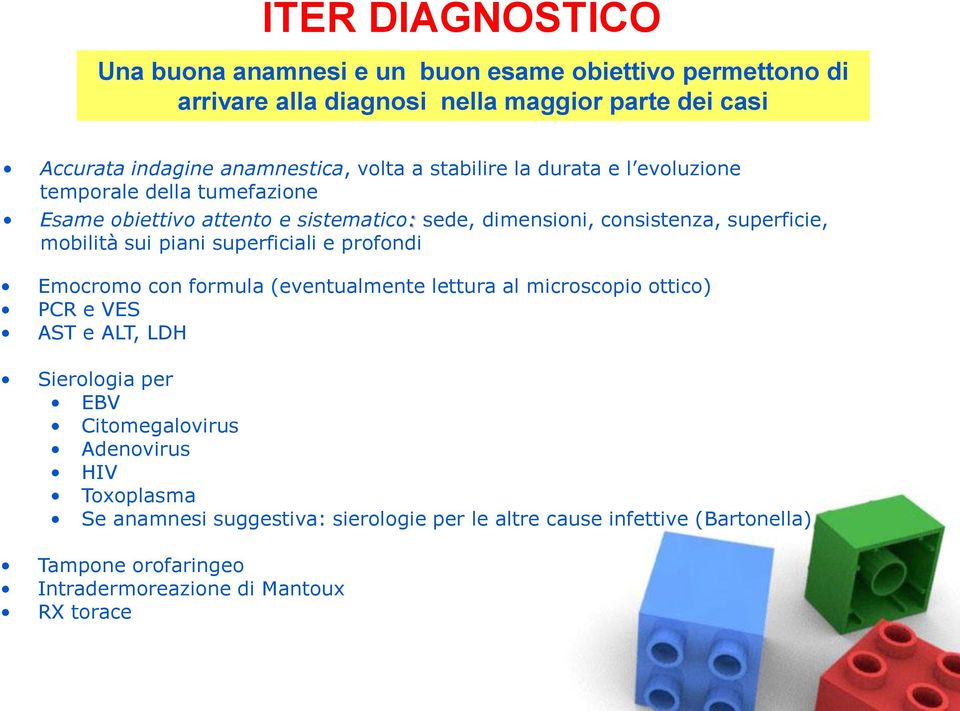 mobilità sui piani superficiali e profondi Emocromo con formula (eventualmente lettura al microscopio ottico) PCR e VES AST e ALT, LDH Sierologia per EBV