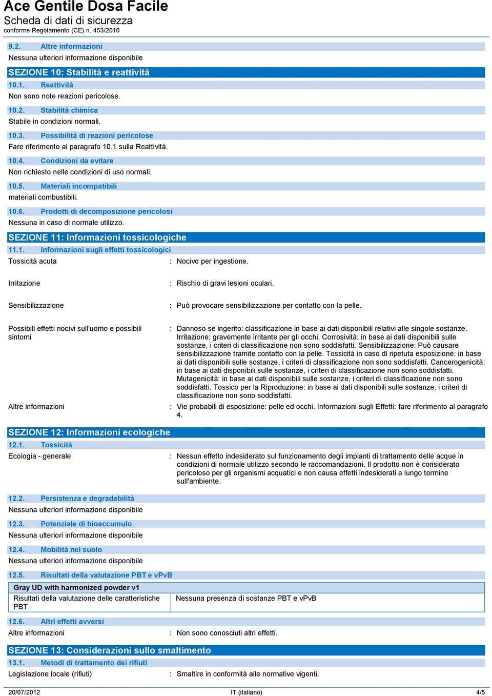 Materiali incompatibili materiali combustibili. 10.6. Prodotti di decomposizione pericolosi Nessuna in caso di normale utilizzo. SEZIONE 11: Informazioni tossicologiche 11.1. Informazioni sugli effetti tossicologici Tossicità acuta : Nocivo per ingestione.