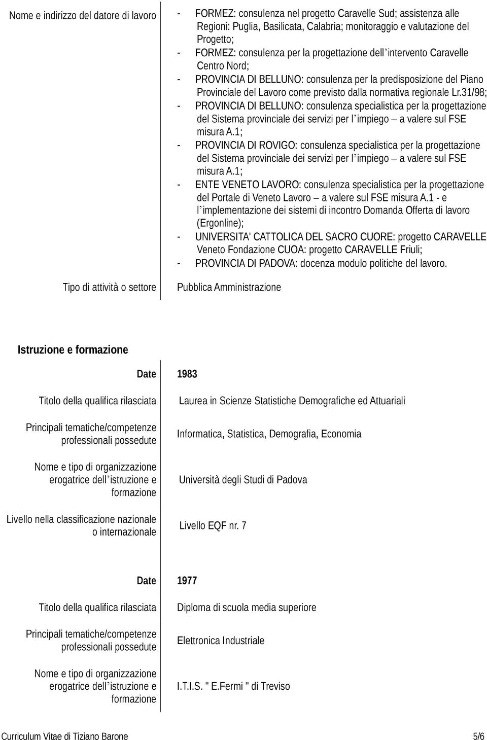 31/98; - PROVINCIA DI BELLUNO: consulenza specialistica per la progettazione del Sistema provinciale dei servizi per l impiego a valere sul FSE misura A.