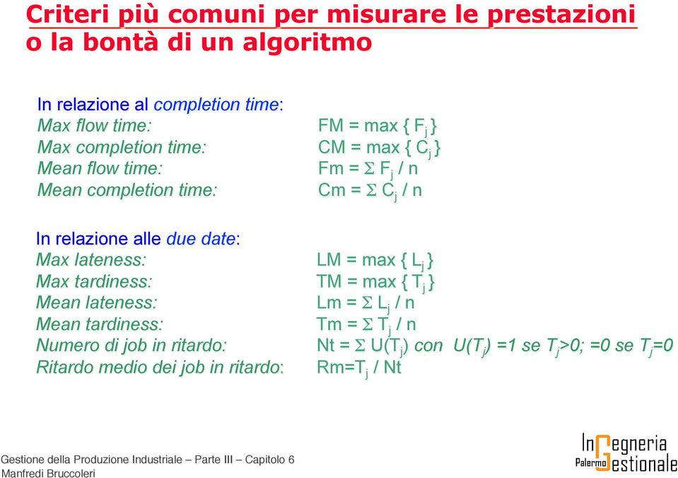 alle due date: Max lateness: LM = max { L j } Max tardiness: TM = max { T j } Mean lateness: Lm = Σ L j / n Mean tardiness: Tm = Σ