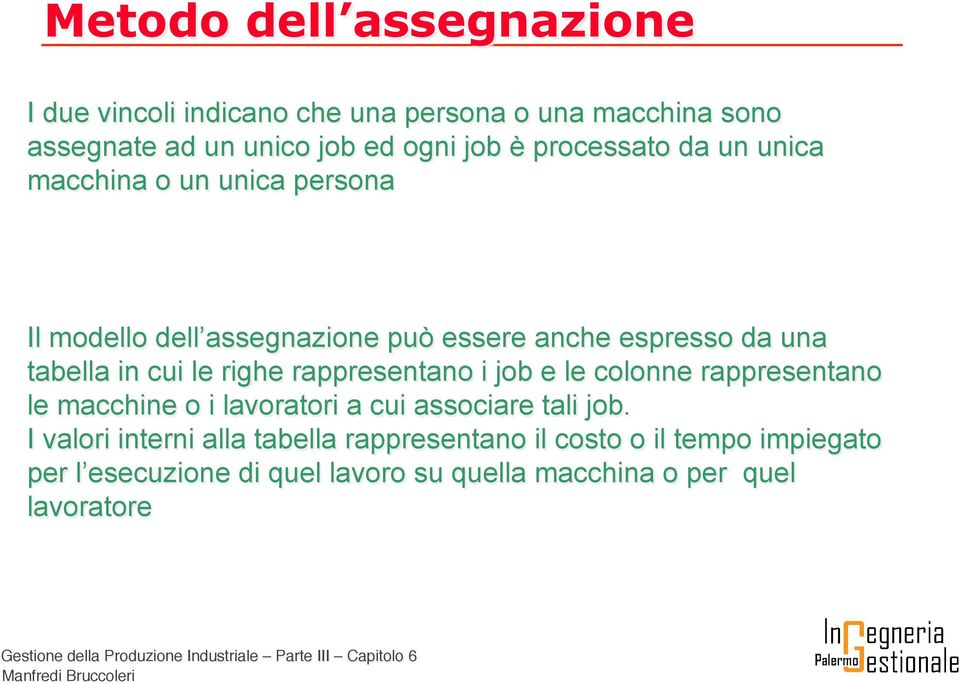 cui le righe rappresentano i job e le colonne rappresentano le macchine o i lavoratori a cui associare tali job.