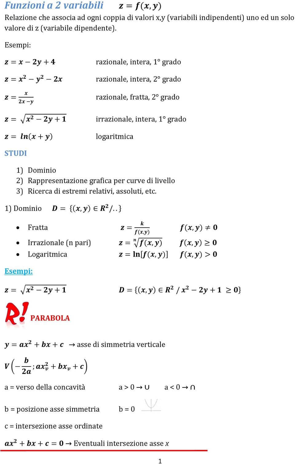 STUDI 1) Dominio 2) Rappresentazione grafica per curve di livello 3) Ricerca di estremi relativi, assoluti, etc. 1) Dominio D = {(x, y) R 2 /.