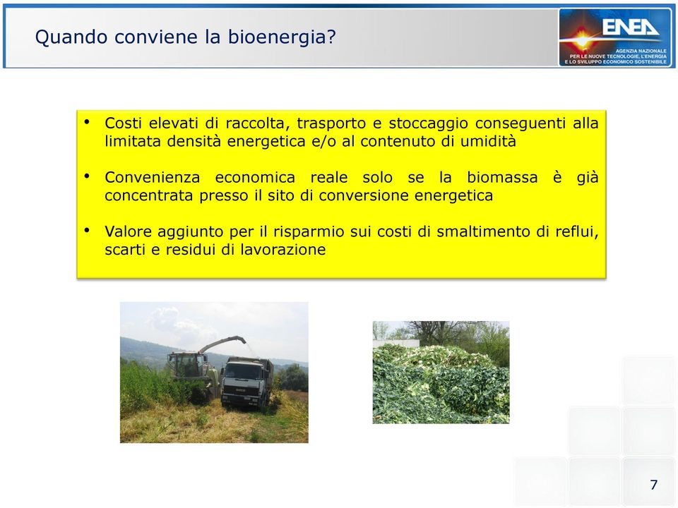 energetica e/o al contenuto di umidità Convenienza economica reale solo se la biomassa è