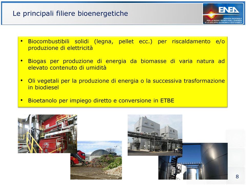 biomasse di varia natura ad elevato contenuto di umidità Oli vegetali per la produzione di