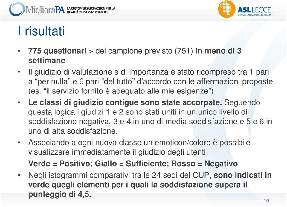 Seguendo questa logica i giudizi 1 e 2 sono stati uniti in un unico livello di soddisfazione negativa, 3 e 4 in uno di media soddisfazione e 5 e 6 in uno di alta soddisfazione.