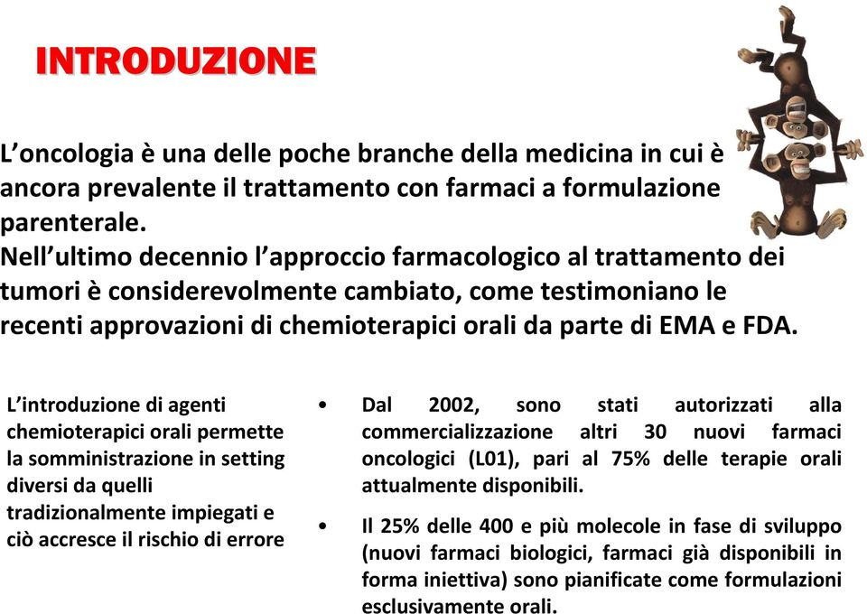 L introduzione di agenti chemioterapici orali permette la somministrazione in setting diversi da quelli tradizionalmente impiegati e ciò accresce il rischio di errore Dal 2002, sono stati autorizzati