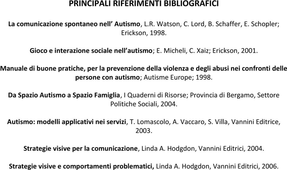 Da Spazio Autismo a Spazio Famiglia, I Quaderni di Risorse; Provincia di Bergamo, Settore Politiche Sociali, 2004. Autismo: modelli applicativi nei servizi, T. Lomascolo, A. Vaccaro, S.