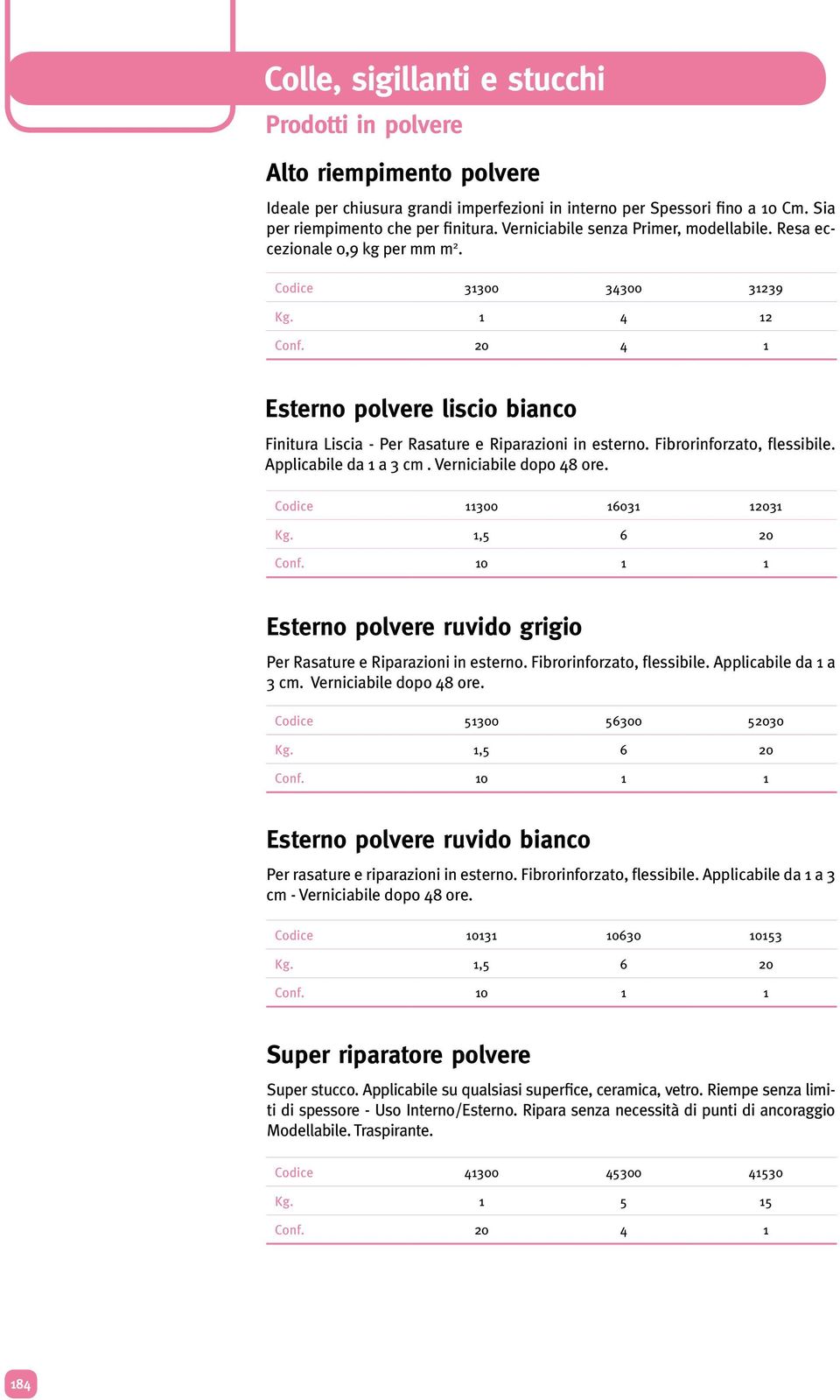 Applicabile da 1 a 3 cm. Verniciabile dopo 48 ore. Codice 11300 16031 12031 Kg. 1,5 6 20 Conf. 10 1 1 Esterno polvere ruvido grigio Per Rasature e Riparazioni in esterno. Fibrorinforzato, flessibile.