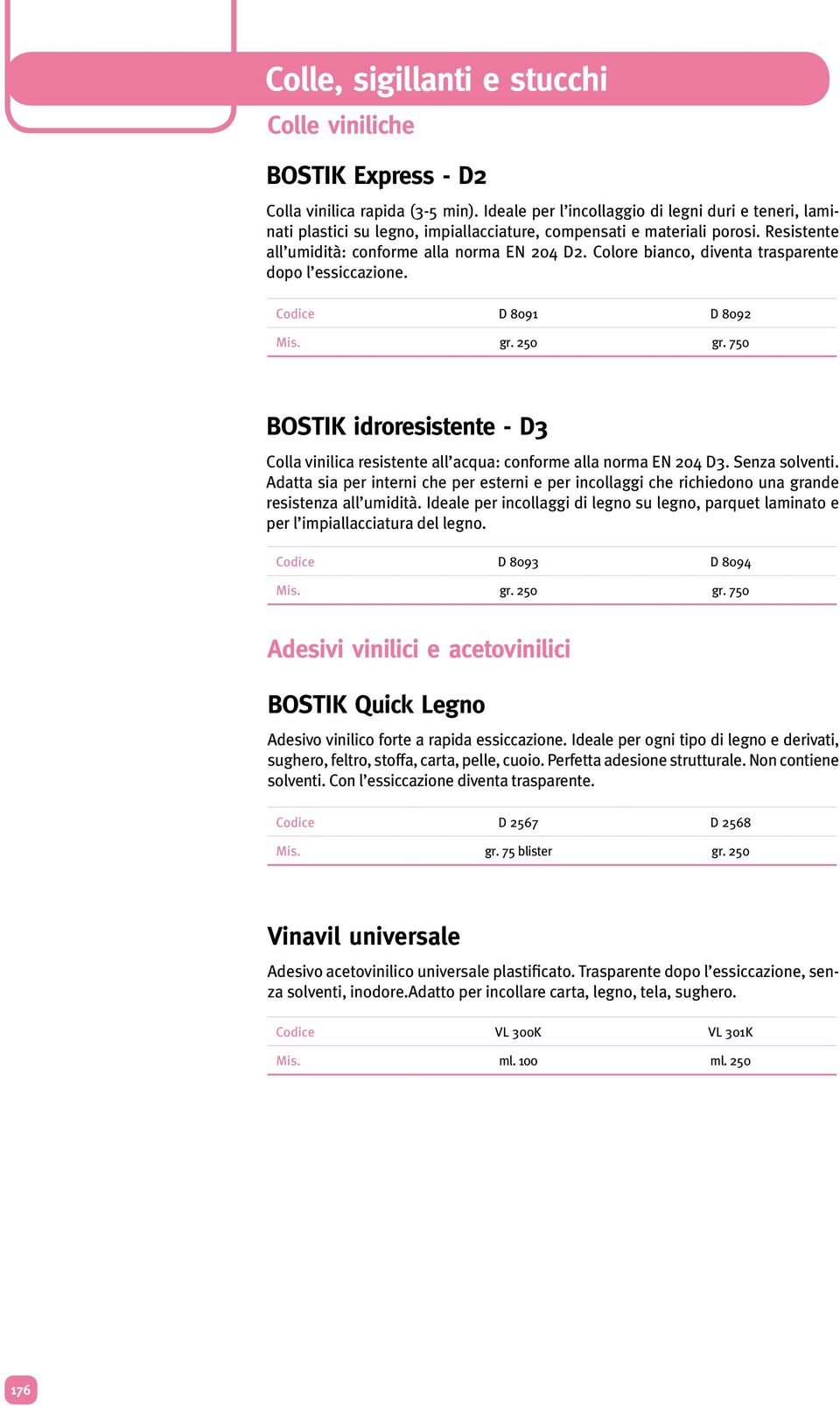 750 BOSTIK idroresistente - D3 Colla vinilica resistente all acqua: conforme alla norma EN 204 D3. Senza solventi.