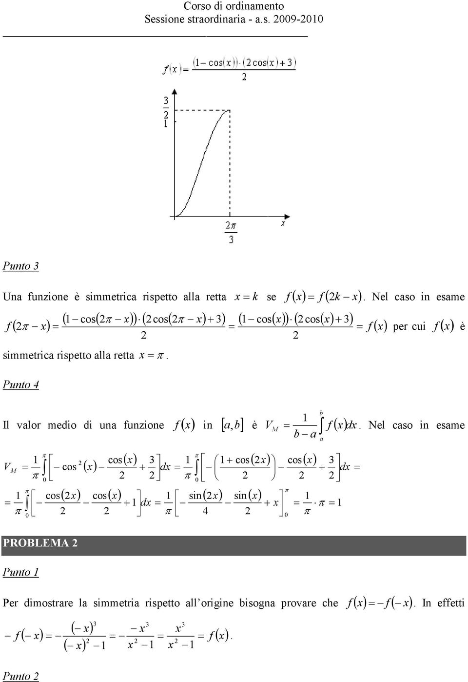 f è Il valor medio di una funzione f ( ) in [ b] V M cos cos PROBLEMA Punto ( ) cos ( ) cos( ) cos( ) ( ) cos( ) sin( ) sin( ) d d