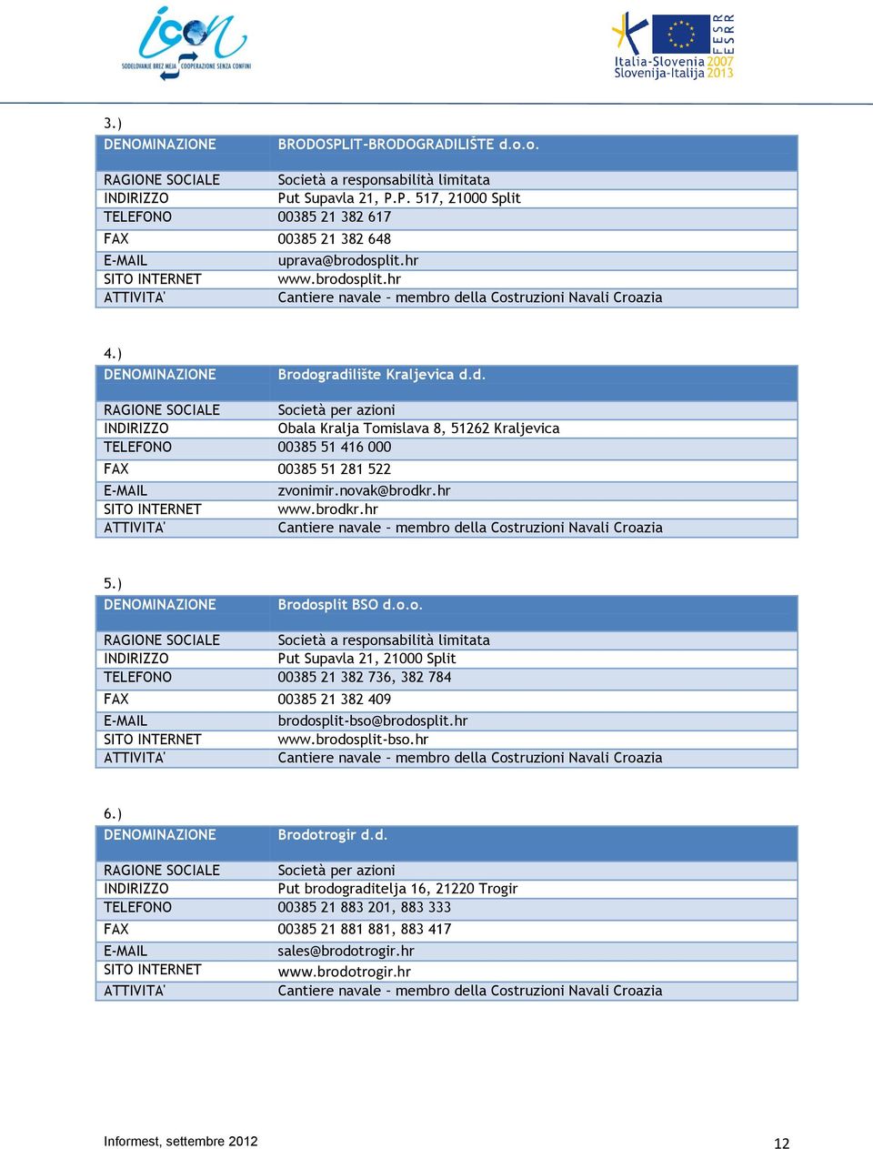 novak@brodkr.hr www.brodkr.hr Cantiere navale membro della Costruzioni Navali Croazia 5.) Brodosplit BSO d.o.o. RAGIONE SOCIALE Società a responsabilità limitata Put Supavla 21, 21000 Split TELEFONO 00385 21 382 736, 382 784 FAX 00385 21 382 409 brodosplit-bso@brodosplit.