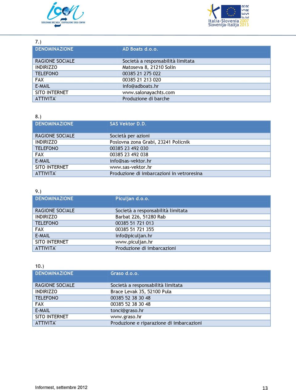 hr www.sas-vektor.hr Produzione di imbarcazioni in vetroresina 9.) Piculjan d.o.o. RAGIONE SOCIALE Società a responsabilità limitata Barbat 226, 51280 Rab TELEFONO 00385 51 721 013 FAX 00385 51 721 355 info@piculjan.