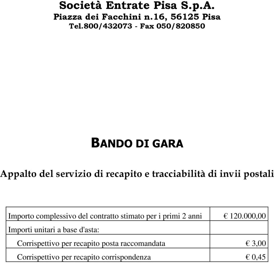 invii postali Importo complessivo del contratto stimato per i primi 2 anni 120.