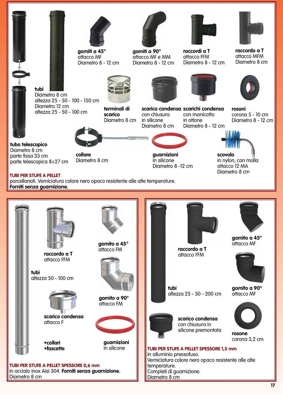 cm rosoni corona 5-10 cm Diametro 8-12 cm tubo telescopico Diametro 8 cm parte fissa 33 cm parte telescopica 8 27 cm collare Diametro 8 cm guarnizioni in silicone Diametro 8-12 cm TUBI PER STUFE A