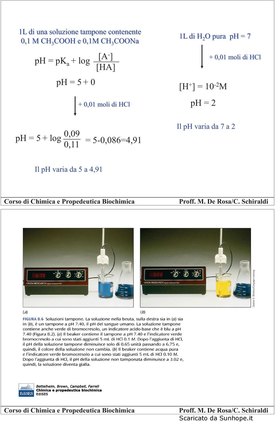 H 2 O pura ph = 7 + 0,01 moli di HCl [H + ] = 10-2 M ph = 2 ph = 5 +