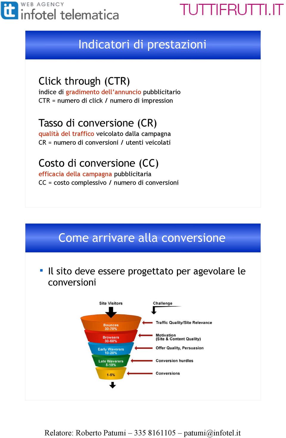 di conversioni / utenti veicolati Costo di conversione (CC) efficacia della campagna pubblicitaria CC = costo