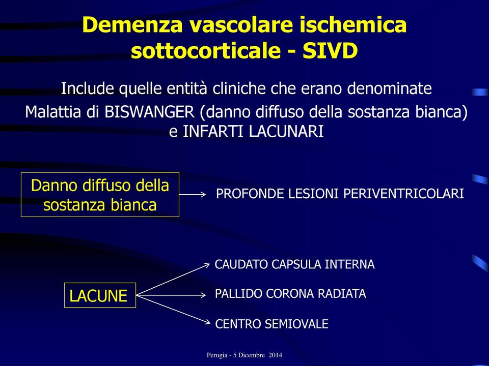 e INFARTI LACUNARI Danno diffuso della sostanza bianca PROFONDE LESIONI