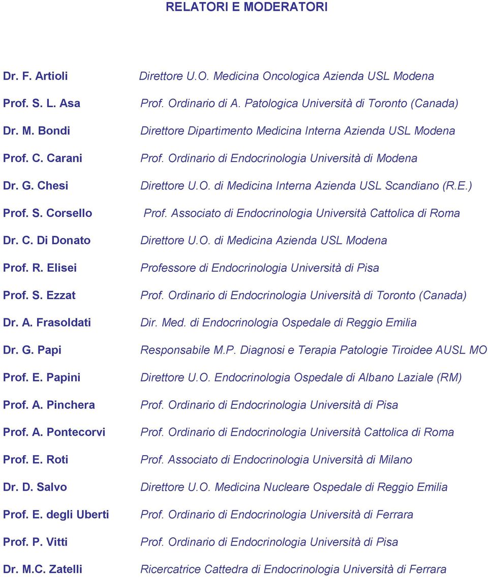 E.) Prof. S. Corsello Prof. Associato di Endocrinologia Università Cattolica di Roma Dr. C. Di Donato Prof. R. Elisei Prof. S. Ezzat Dr. A. Frasoldati Dr. G. Papi Prof. E. Papini Prof. A. Pinchera Prof.