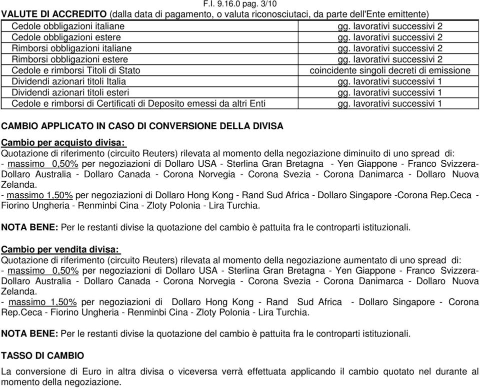 lavorativi successivi 2 Cedole e rimborsi Titoli di Stato coincidente singoli decreti di emissione Dividendi azionari titoli Italia gg. lavorativi successivi 1 Dividendi azionari titoli esteri gg.