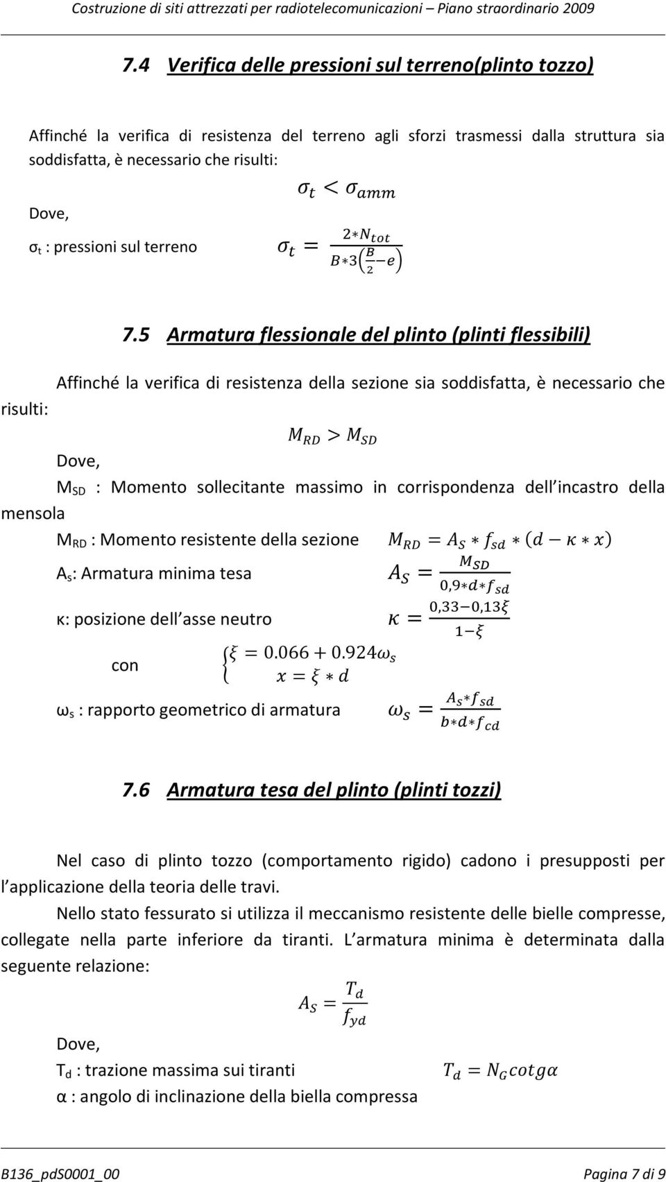 pressioni sul terreno σ = 7.