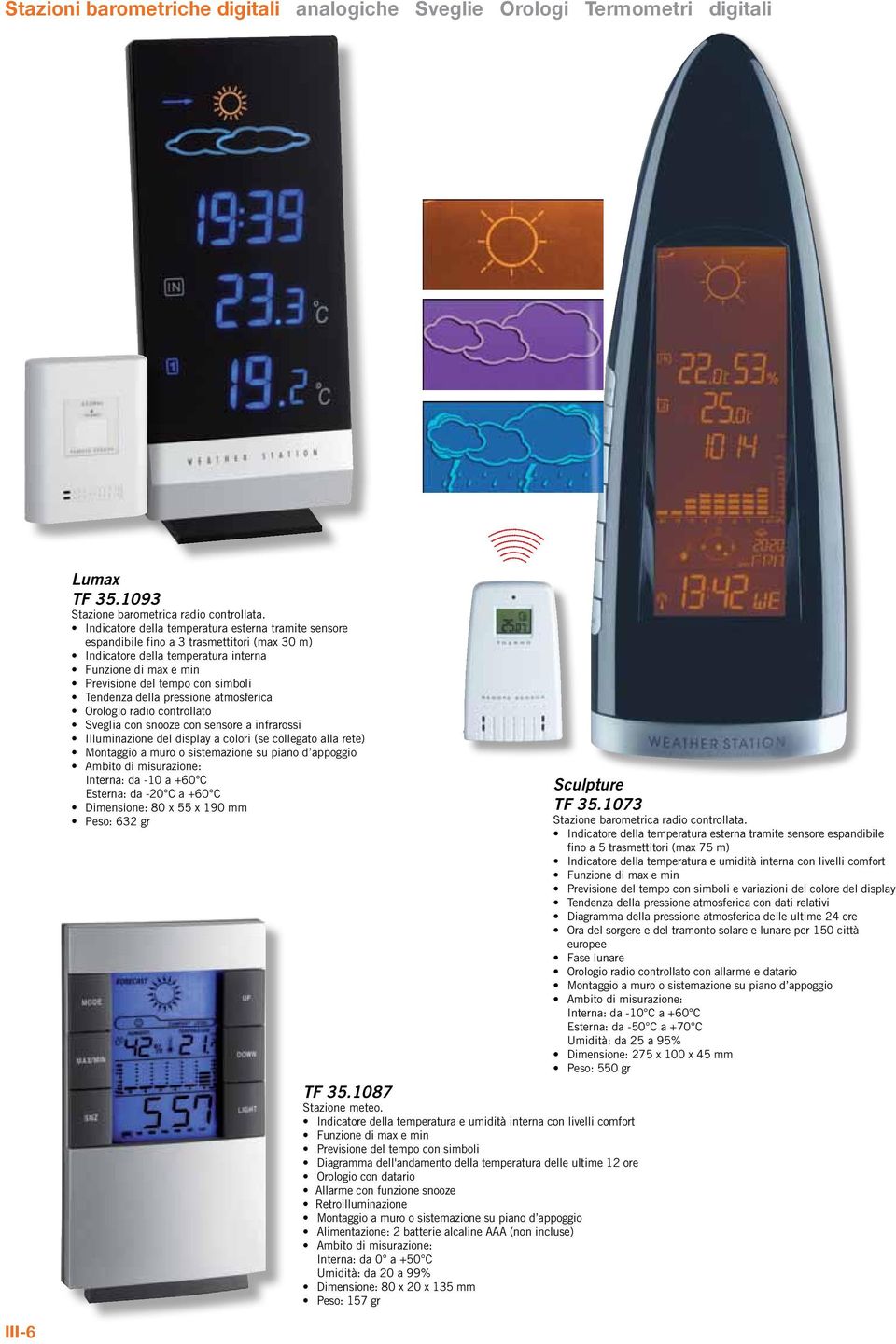 atmosferica Orologio radio controllato Sveglia con snooze con sensore a infrarossi Illuminazione del display a colori (se collegato alla rete) Interna: da -10 a +60 C Esterna: da -20 C a +60 C