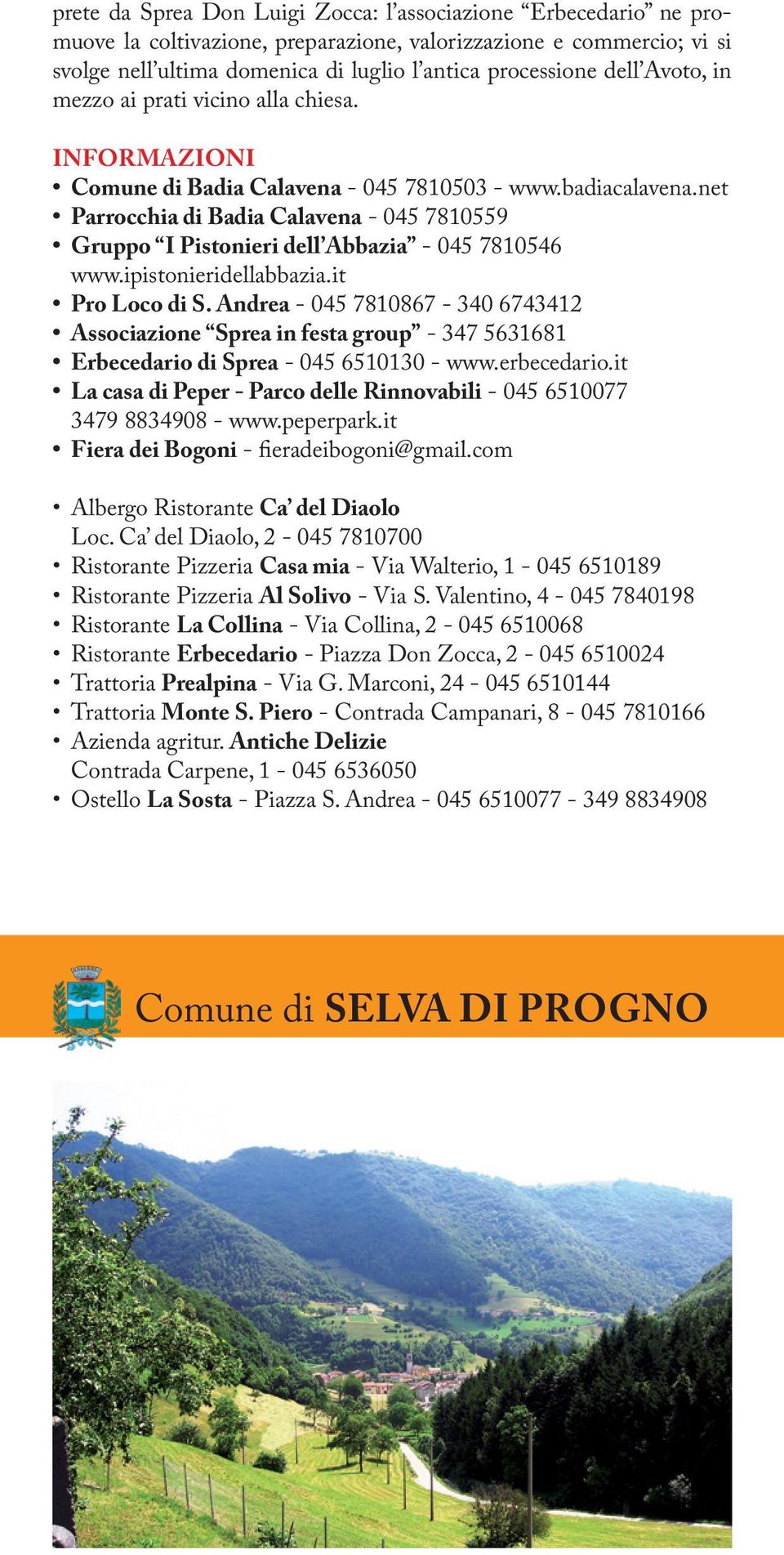 net Parrocchia di Badia Calavena - 045 7810559 Gruppo I Pistonieri dell Abbazia - 045 7810546 www.ipistonieridellabbazia.it Pro Loco di S.