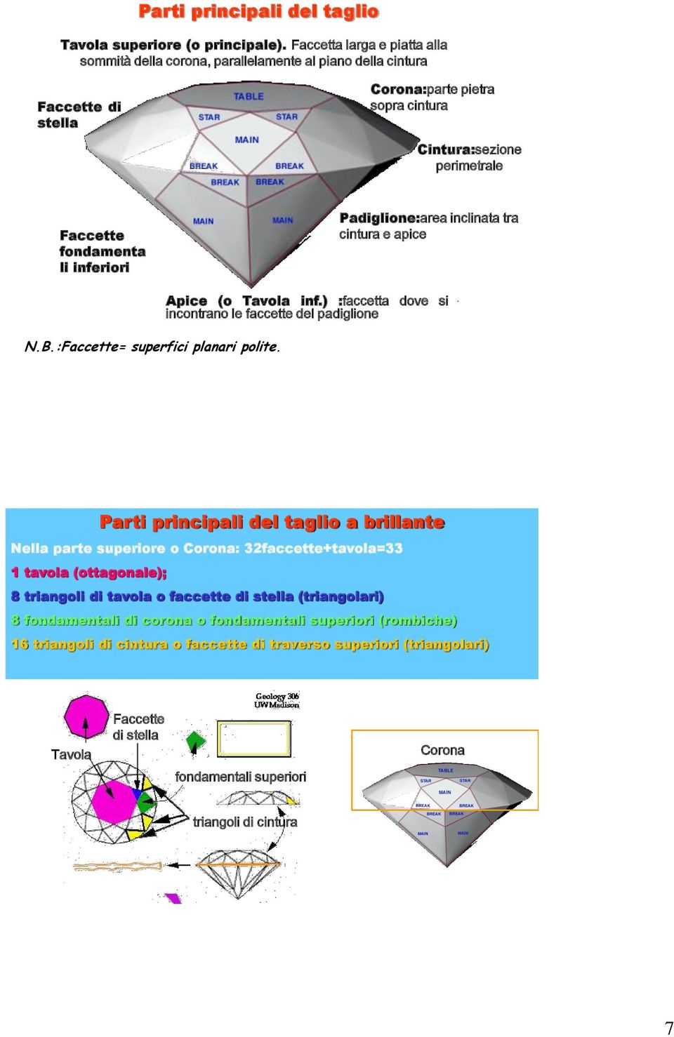 inferiori Padiglione:area inclinata tra cintura e apice N.B.:Faccette= superfici planari polite. Apice (o Tavola inf.