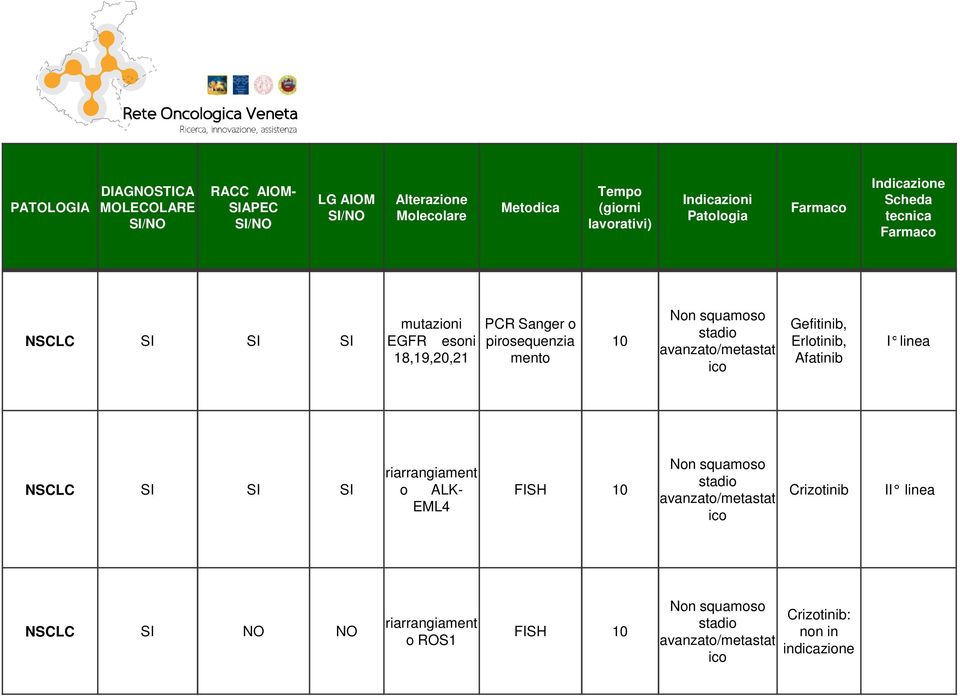 squamoso stadio avanzato/metastat ico Gefitinib, Erlotinib, Afatinib I linea NSCLC SI SI SI riarrangiament o ALK- EML4 FISH 10 Non squamoso stadio