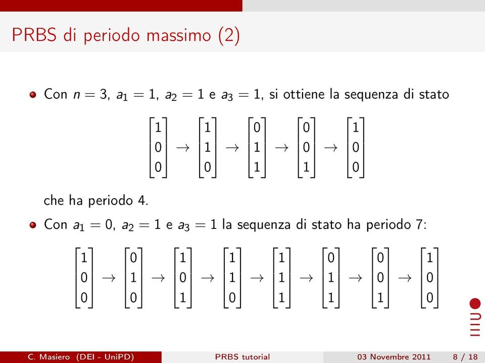 Con a =, a 2 = e a 3 = la sequenza di stato ha periodo