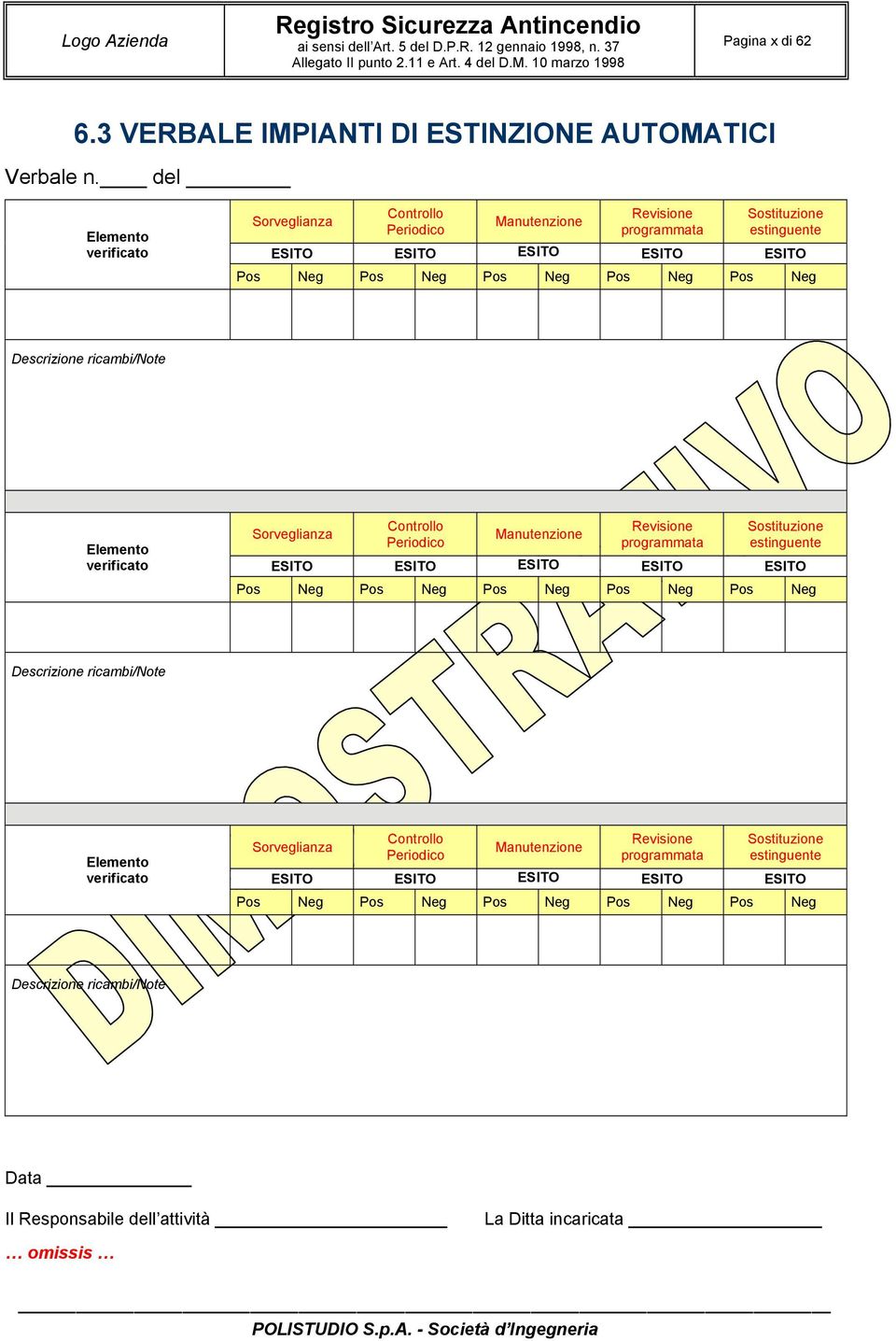 Descrizione ricambi/note Elemento verificato Sorveglianza Controllo Periodico Manutenzione Revisione programmata Sostituzione estinguente ESITO ESITO ESITO ESITO ESITO Pos Neg Pos Neg