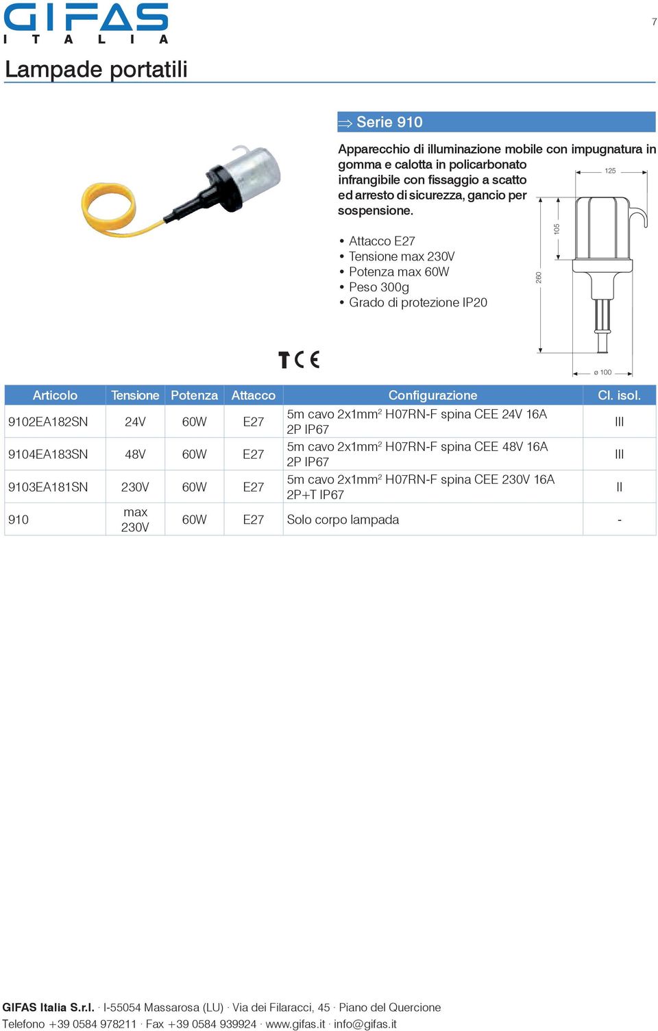 Attacco E27 Tensione max Potenza max 60W Peso 300g Grado di protezione IP20 260 105 Articolo Tensione Potenza Attacco Configurazione Cl.