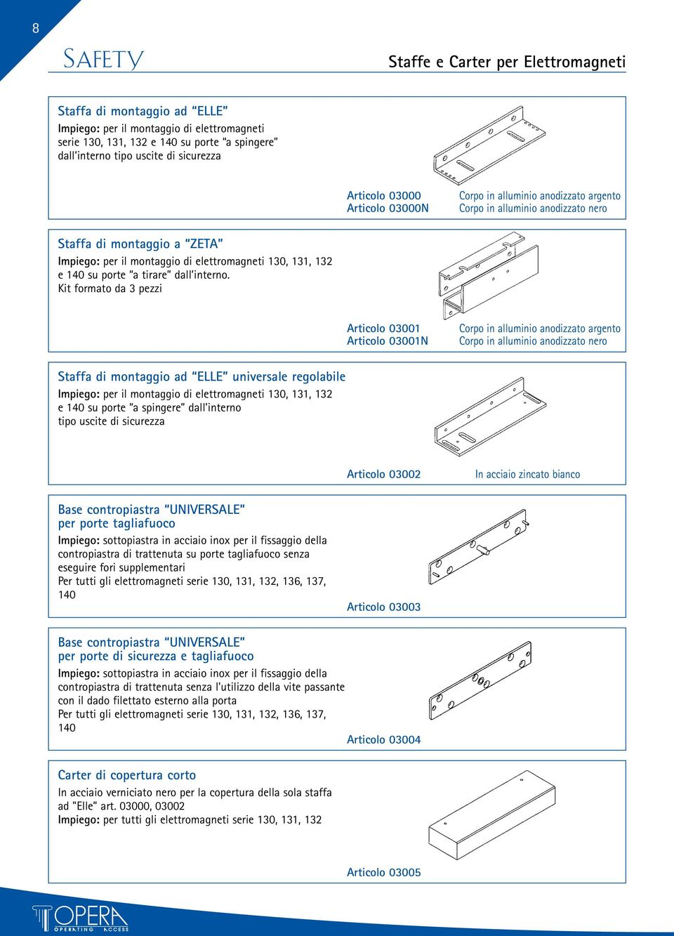 Kit formato da 3 pezzi Articolo 03001 Articolo 03001N Staffa di montaggio ad ELLE universale regolabile Impiego: per il montaggio di elettromagneti 130, 131, 132 e 140 su porte a spingere dall