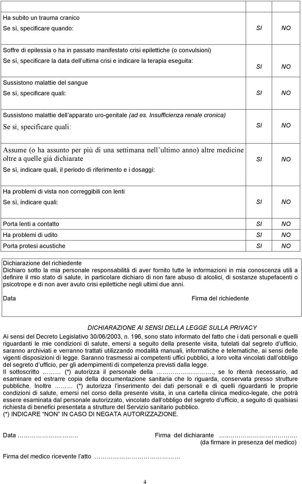 Insufficienza renale cronica) Se sì, specificare quali: Assume (o ha assunto per più di una settimana nell ultimo anno) altre medicine oltre a quelle già dichiarate Se sì, indicare quali, il periodo