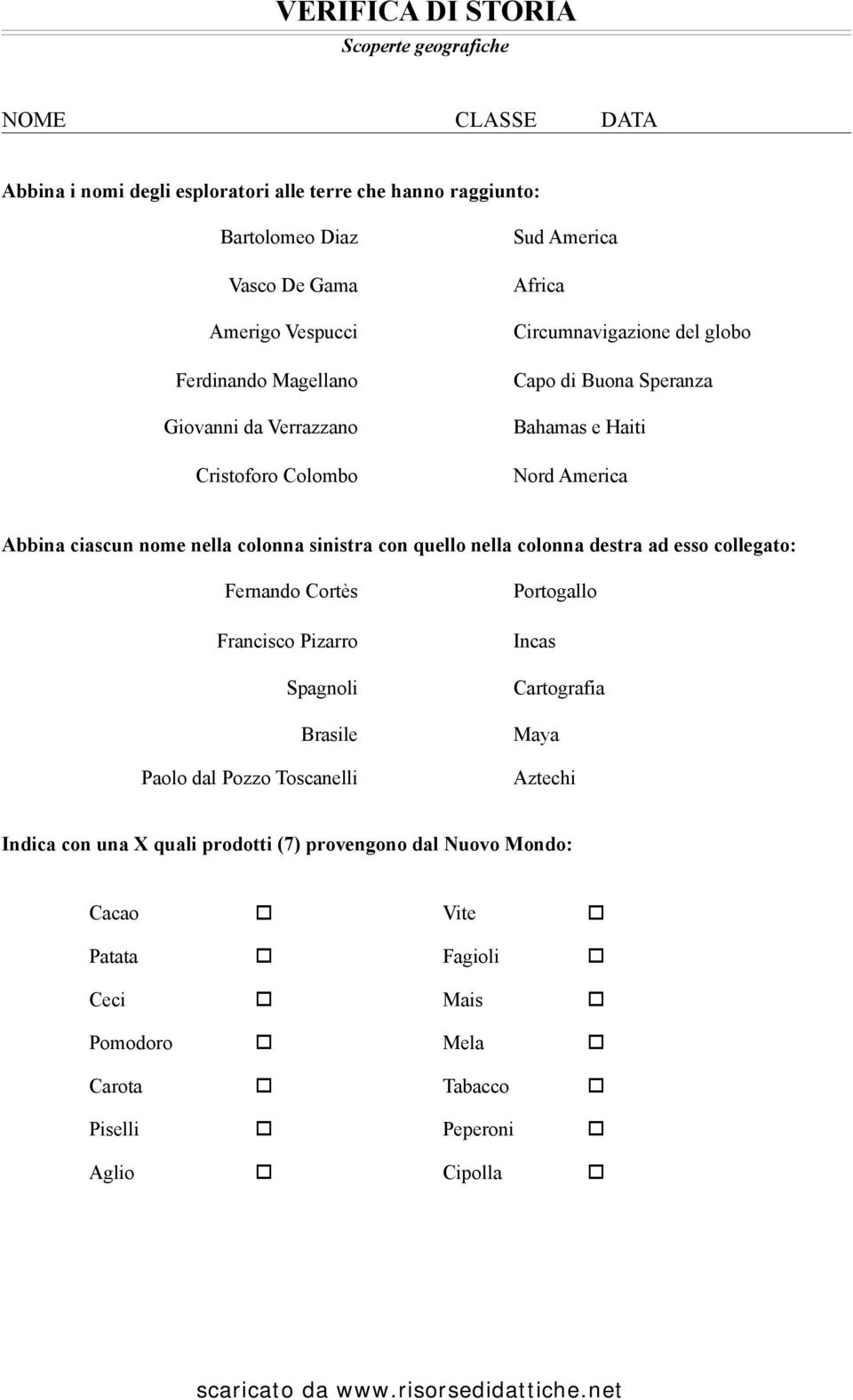 colonna sinistra con quello nella colonna destra ad esso collegato: Fernando Cortès Francisco Pizarro Spagnoli Brasile Paolo dal Pozzo Toscanelli Portogallo Incas