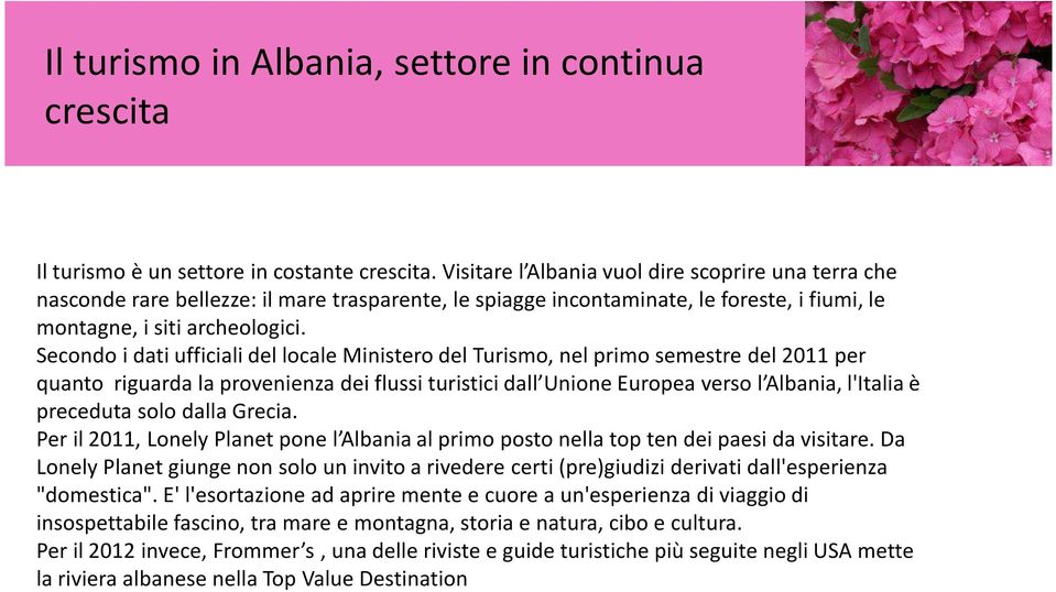 Secondo i dati ufficiali del locale Ministero del Turismo, nel primo semestre del 2011 per quanto riguarda la provenienza dei flussi turistici dall Unione Europea verso l Albania, l'italia è