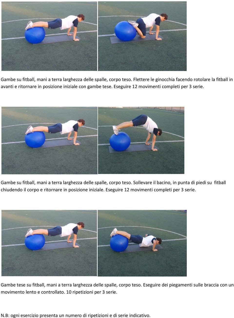 Sollevare il bacino, in punta di piedi su fitball chiudendo il corpo e ritornare in posizione iniziale. Eseguire 12 movimenti completi per 3 serie.