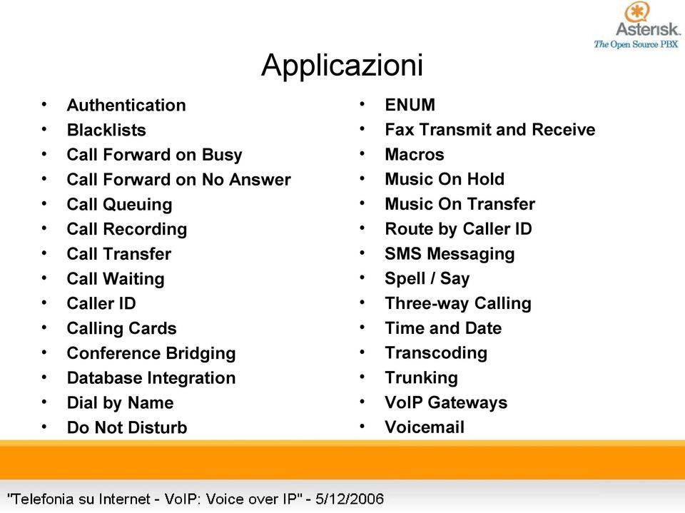 Not Disturb Applicazioni ENUM Fax Transmit and Receive Macros Music On Hold Music On Transfer Route by