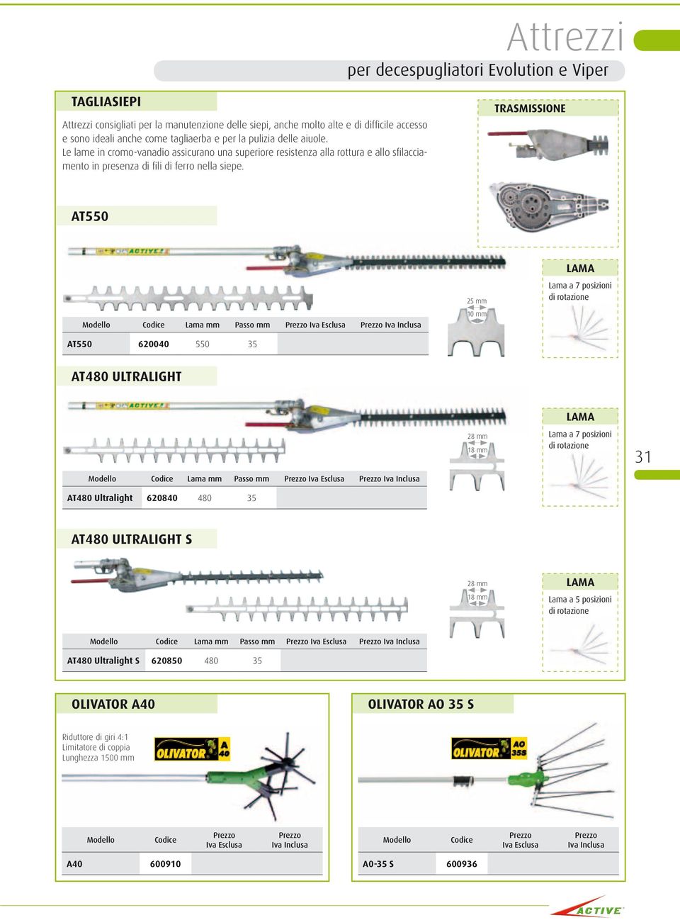 TRASMISSIONE AT550 LAMA 25 mm Lama a 7 posizioni di rotazione Lama mm Passo mm 10 mm AT550 620040 550 35 AT480 ULTRALIGHT LAMA 28 mm 18 mm Lama a 7 posizioni di rotazione 31 Lama mm Passo mm AT480