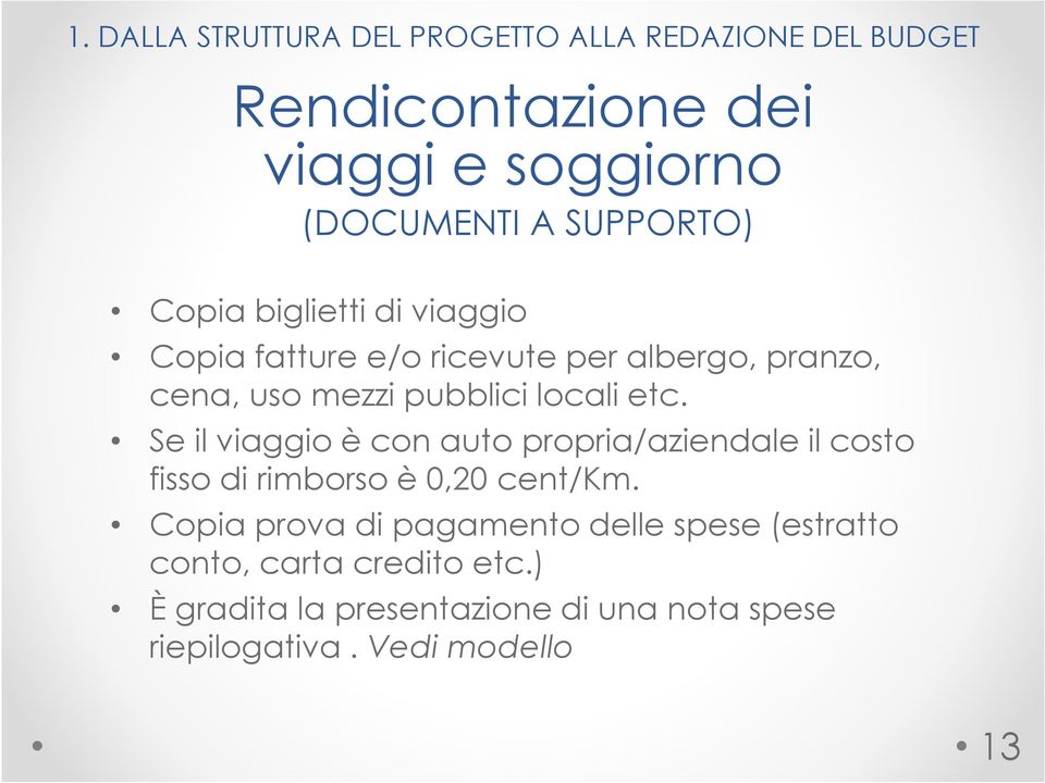 etc. Se il viaggio è con auto propria/aziendale il costo fisso di rimborso è 0,20 cent/km.