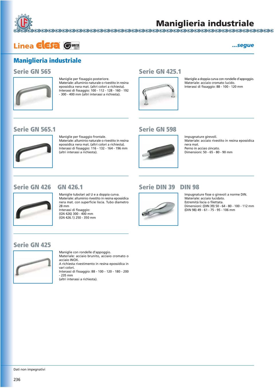 1 Maniglie per fissaggio frontale. Materiale: alluminio naturale o rivestito in resina epossidica nera mat. (altri colori 116-132 - 164-196 mm Serie GN 598 Impugnature girevoli.