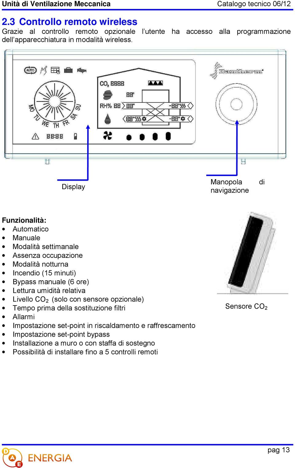 manuale (6 ore) Lettura umidità relativa Livello CO 2 (solo con sensore opzionale) Tempo prima della sostituzione filtri Allarmi Impostazione set-point in