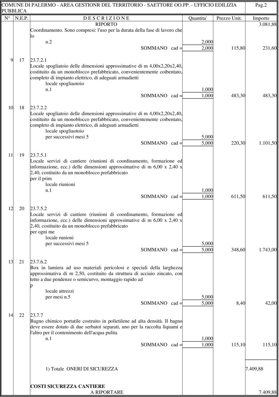 2,000 SOMMANO cad = 2,000 115,80 231,60 9 17 23.7.2.1 Locale spogliatoio delle dimensioni approssimative di m 4,00x2,20x2,40, costituito da un monoblocco prefabbricato, convenientemente coibentato,