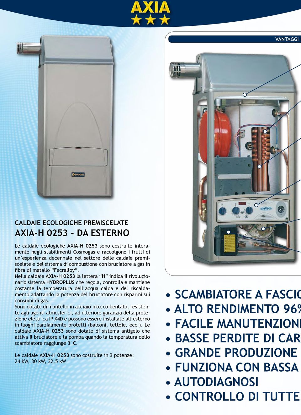 Nella caldaie AXIA-H 0253 la lettera H indica il rivoluzionario sistema HYDROPLUS che regola, controlla e mantiene costante la temperatura dell acqua calda e del riscaldamento adattando la potenza