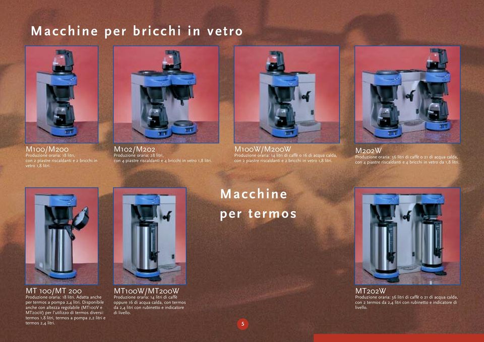 M100W/M200W Produzione oraria: 14 litri di caffè o 16 di acqua calda, con 2 piastre riscaldanti e 2 bricchi in vetro 1,8 litri.