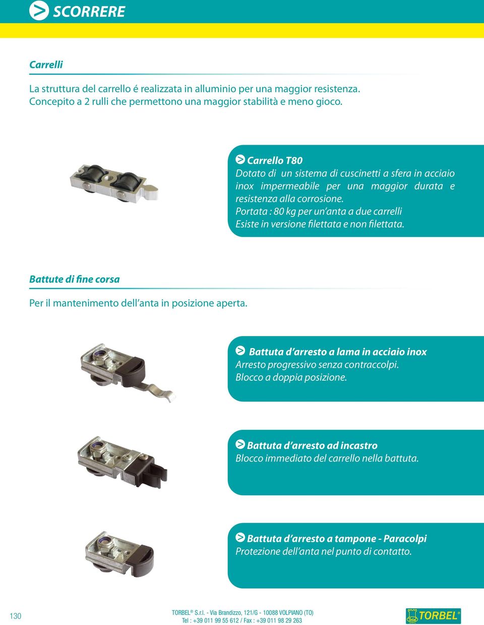 Portata : 80 kg per un anta a due carrelli Esiste in versione filettata e non filettata. Battute di fine corsa Per il mantenimento dell anta in posizione aperta.