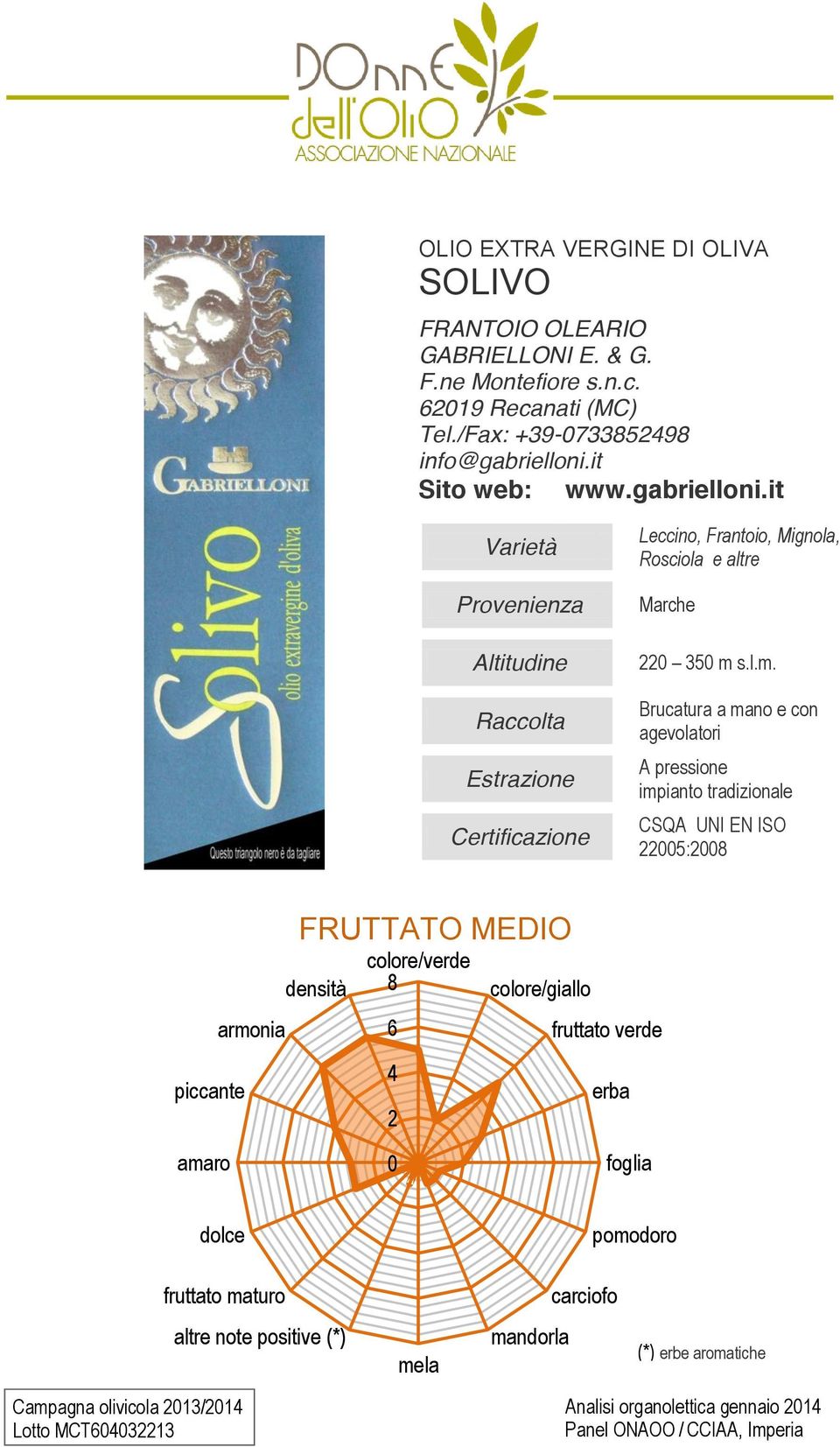 it Sito web: www.gabrielloni.it Leccino, Frantoio, Mignola, Rosciola e altre Marche 35 m 