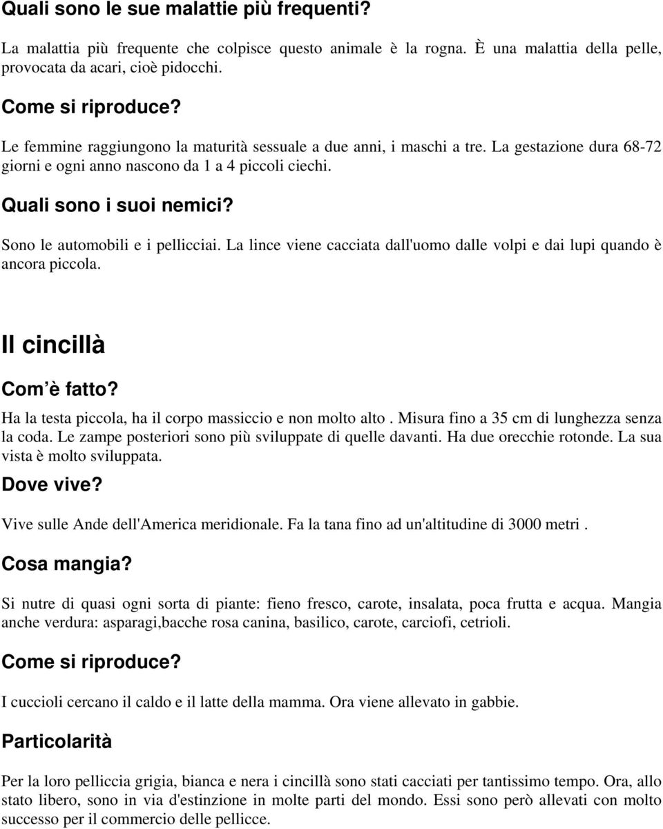 La lince viene cacciata dall'uomo dalle volpi e dai lupi quando è ancora piccola. Il cincillà Ha la testa piccola, ha il corpo massiccio e non molto alto.