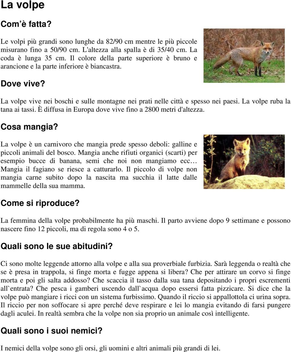 La volpe ruba la tana ai tassi. È diffusa in Europa dove vive fino a 2800 metri d'altezza. La volpe è un carnivoro che mangia prede spesso deboli: galline e piccoli animali del bosco.