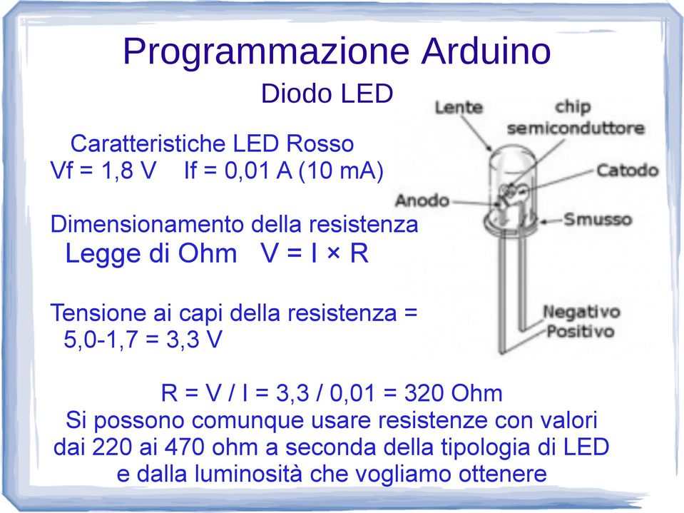 3,3 V R = V / I = 3,3 / 0,01 = 320 Ohm Si possono comunque usare resistenze con valori